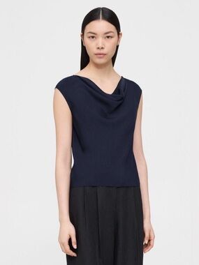 THEORY 100% Silk Cowl Neck Sleeveless Blouse Top Navy Blue Size S